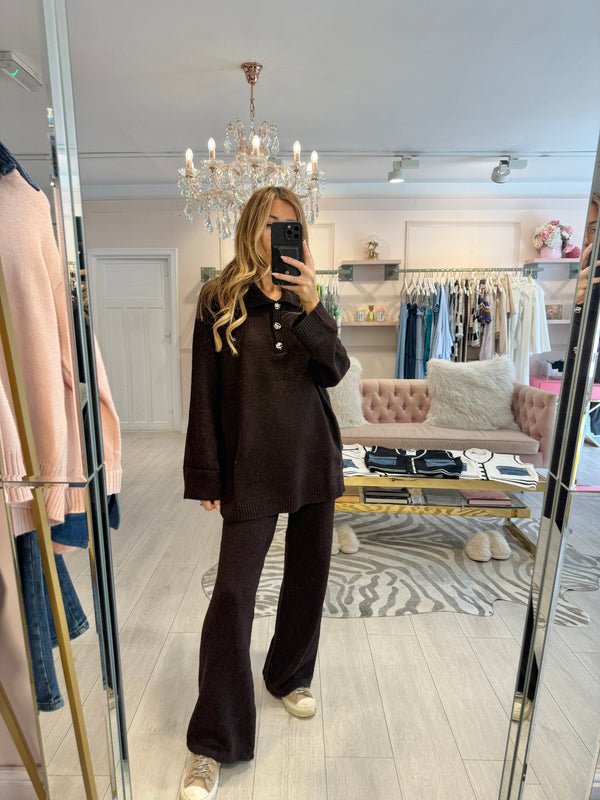 PERRI KNIT GOLD BUTTON SET BROWN