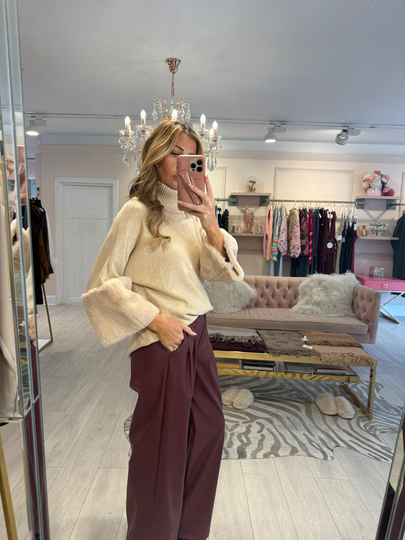 JESS FAUX FUR TRIM SLEEVE JUMPER OATMEAL