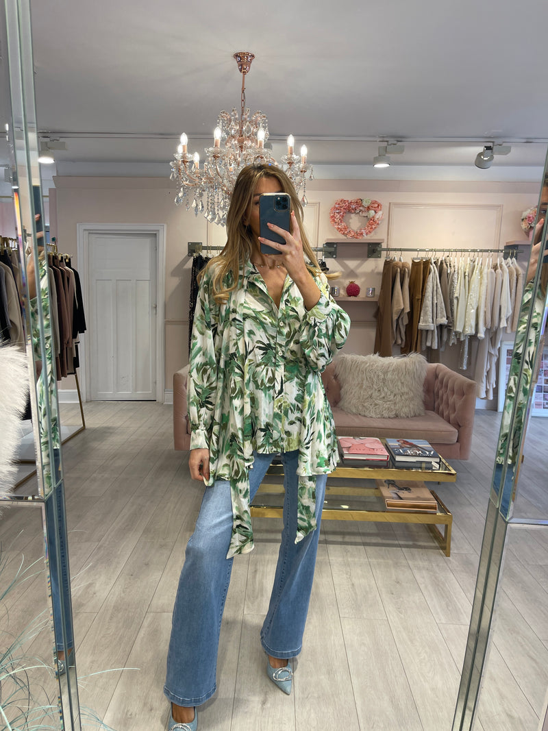 KEIRA PRINTED GREEN PUSSY BOW BLOUSE