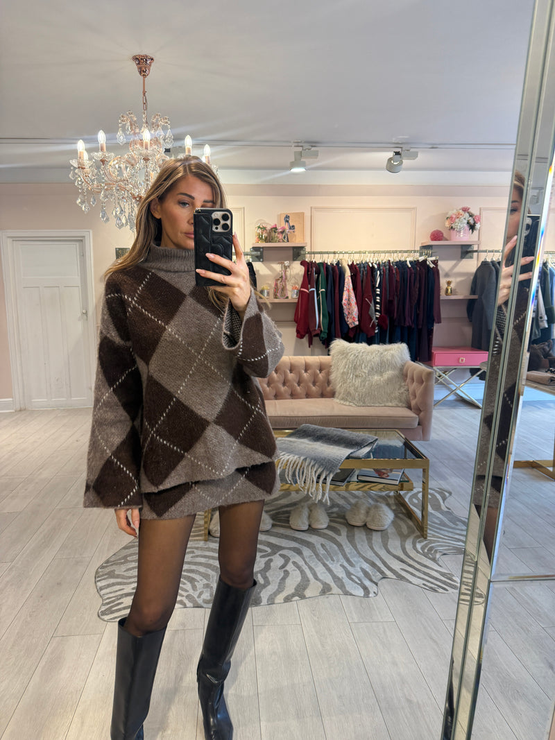 FREYA ARGYLE KNIT SKIRT SET BROWN TAUPE PRE ORDER 9.12.25
