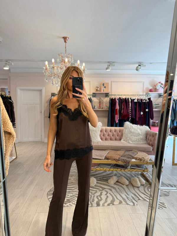 CADY LACE TRIM SATIN CAMI BROWN