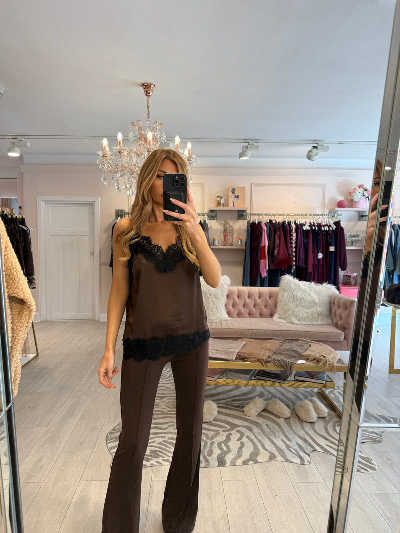 CADY LACE TRIM SATIN CAMI BROWN