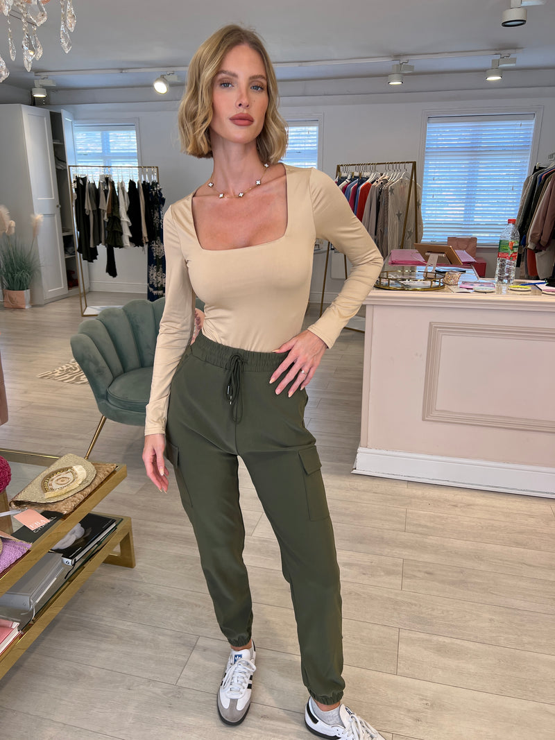 BEIGE STRETCH LONG SLEEVED BODYSUIT