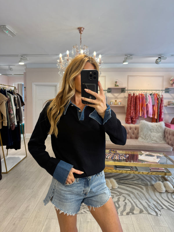 ANGIE DENIM COLLARED KNIT BLACK