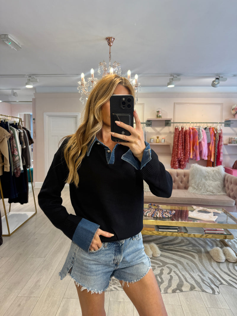 ANGIE DENIM COLLARED KNIT BLACK