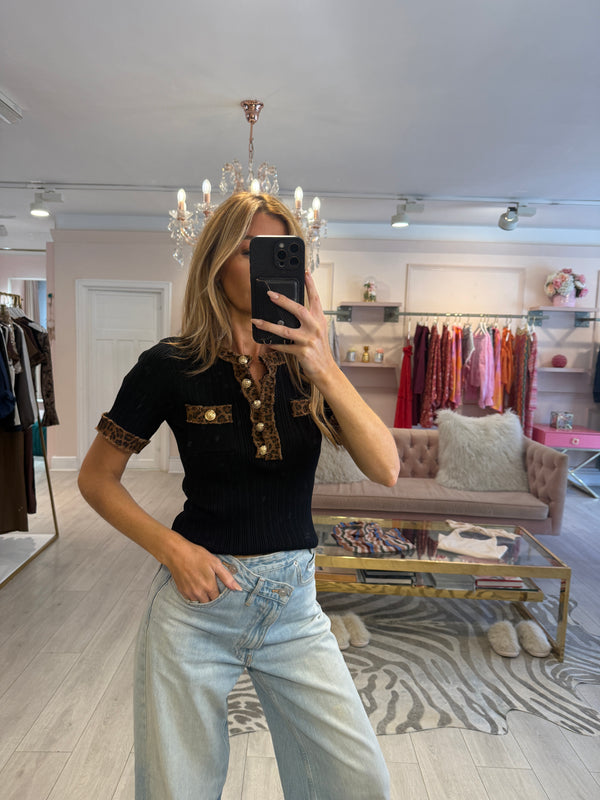 CARLA DENIM TRIM BLACK LEOPARD TOP