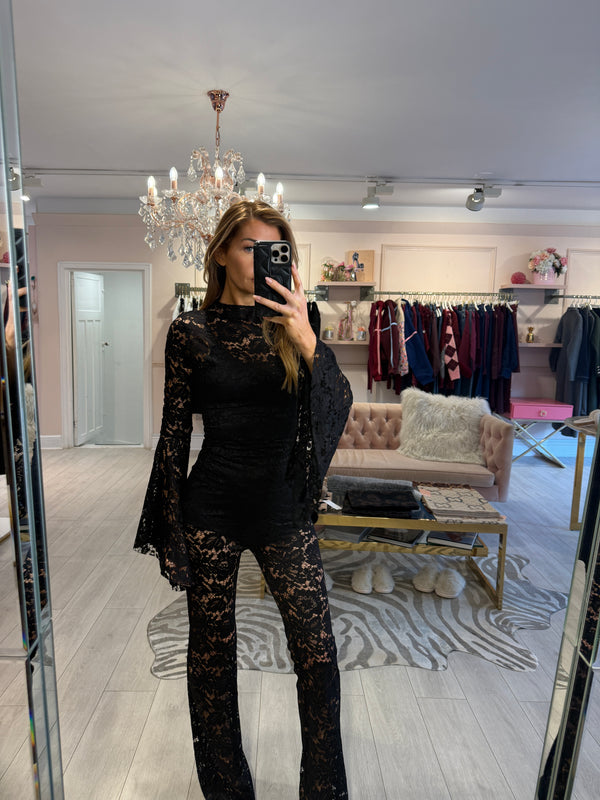 KEISHA LACE TOP AND FLARE TROUSER SET BLACK