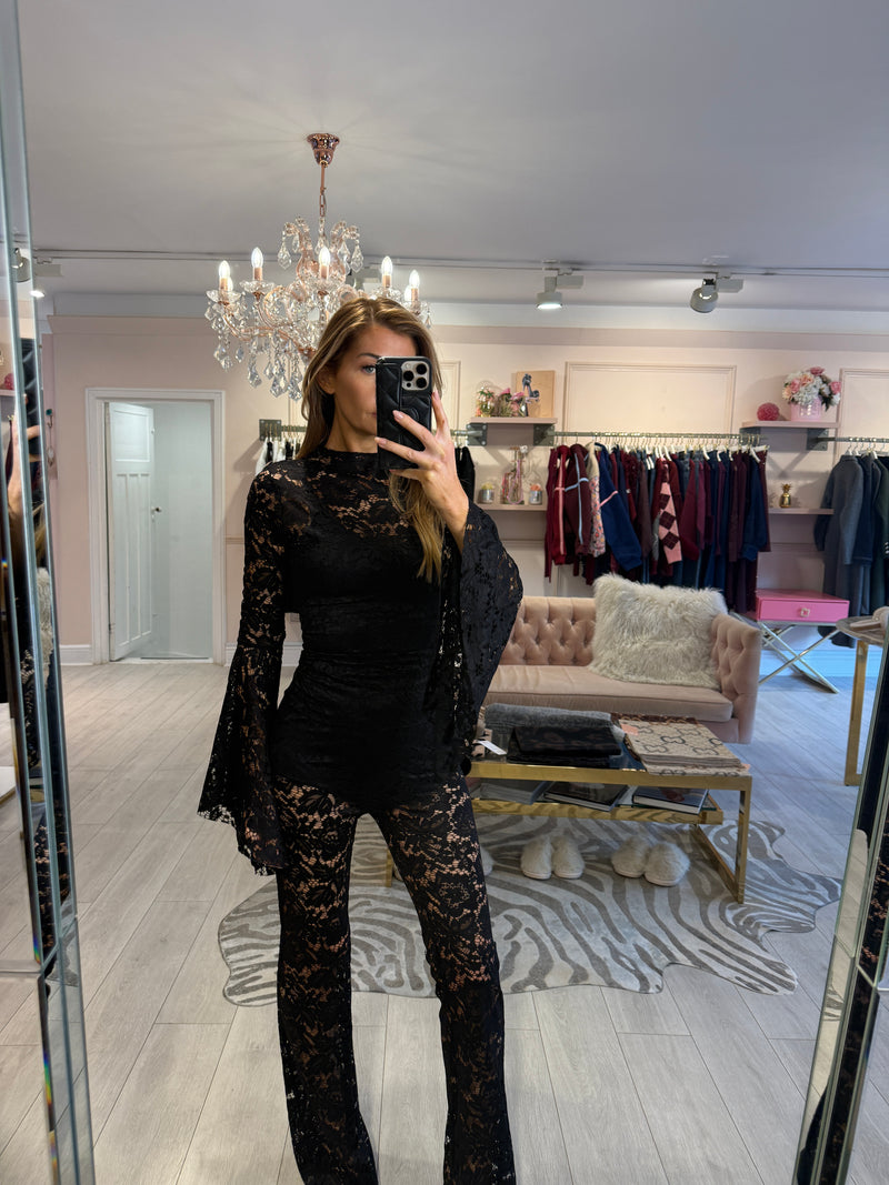 KEISHA LACE TOP AND FLARE TROUSER SET BLACK