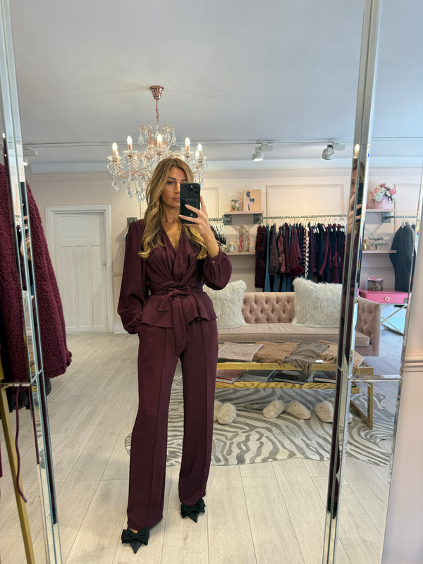 HOPE DRAPE TIE FRONT TROUSER SET BURGUNDY