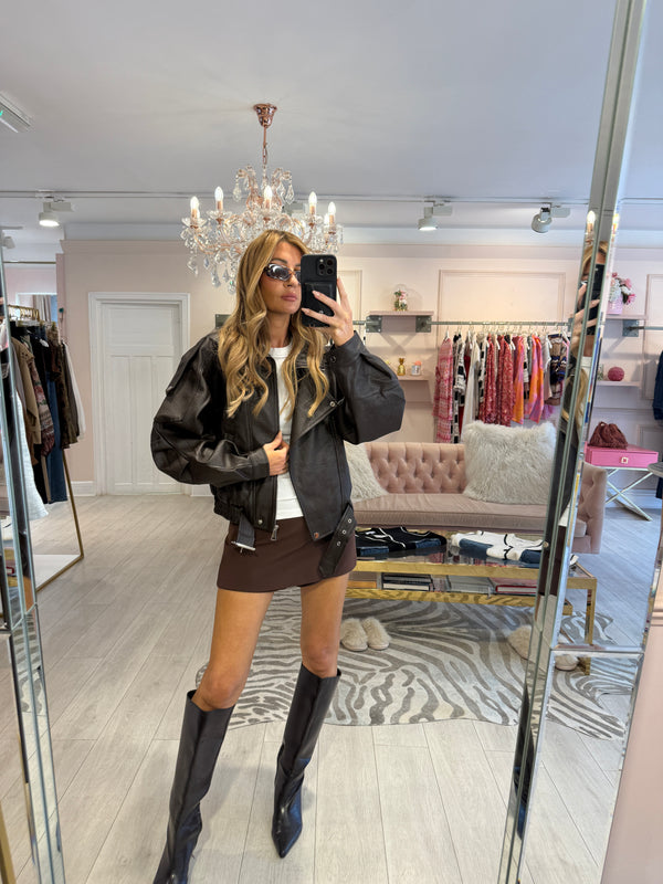 CERRIS FAUX LEATHER BOMBER JACKET BROWN