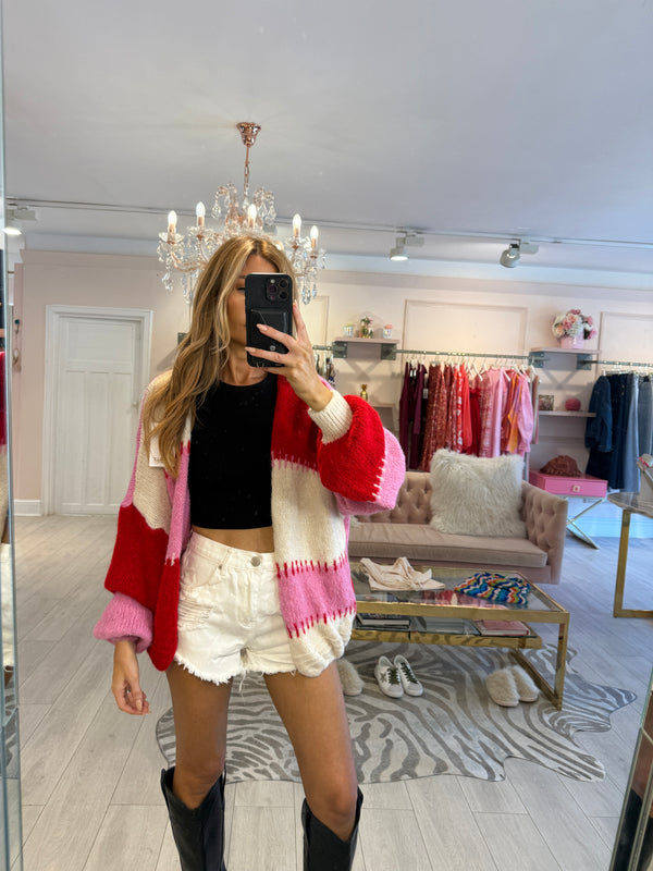 LILY RED/PINK COLOURBLACK CARDIGAN