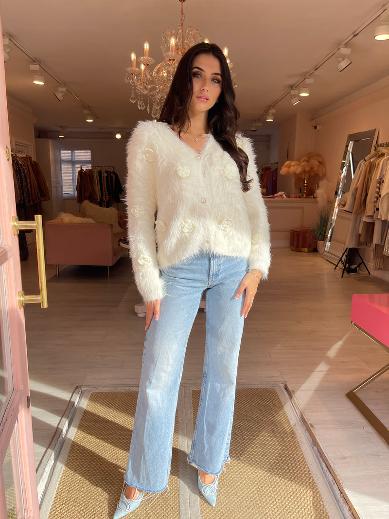 CHER FLUFFY KNIT CARDIGAN WITH KNIT FLOWERS