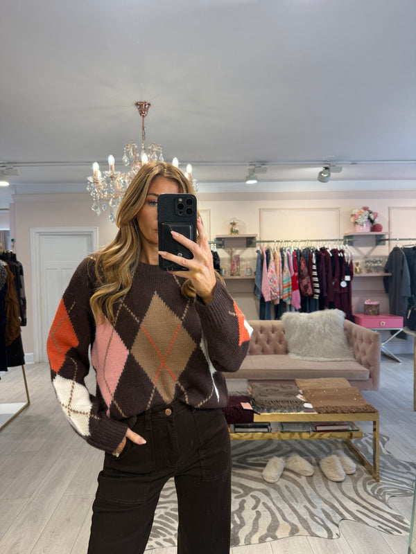 DARBY ARGYLE PRINT JUMPER WITH SLEEVES BROWN ORANGE