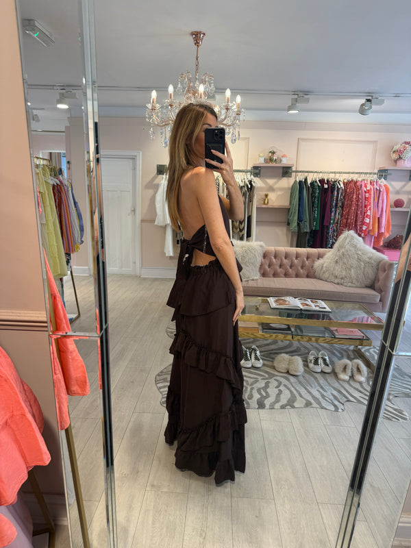NORA RUFFLE HALTERNECK BROWN MAXI DRESS