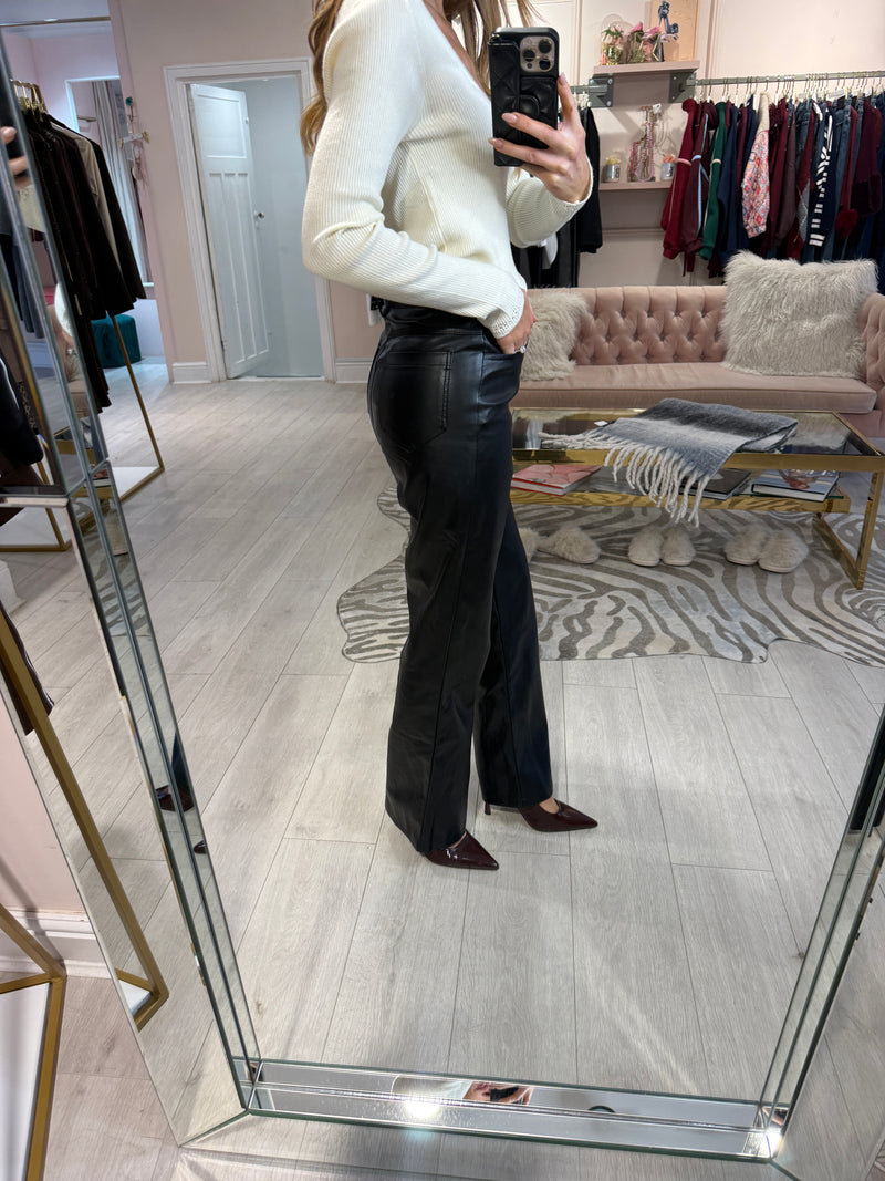 CINDY FAUX LEATHER BELTED TROUSERS BLACK