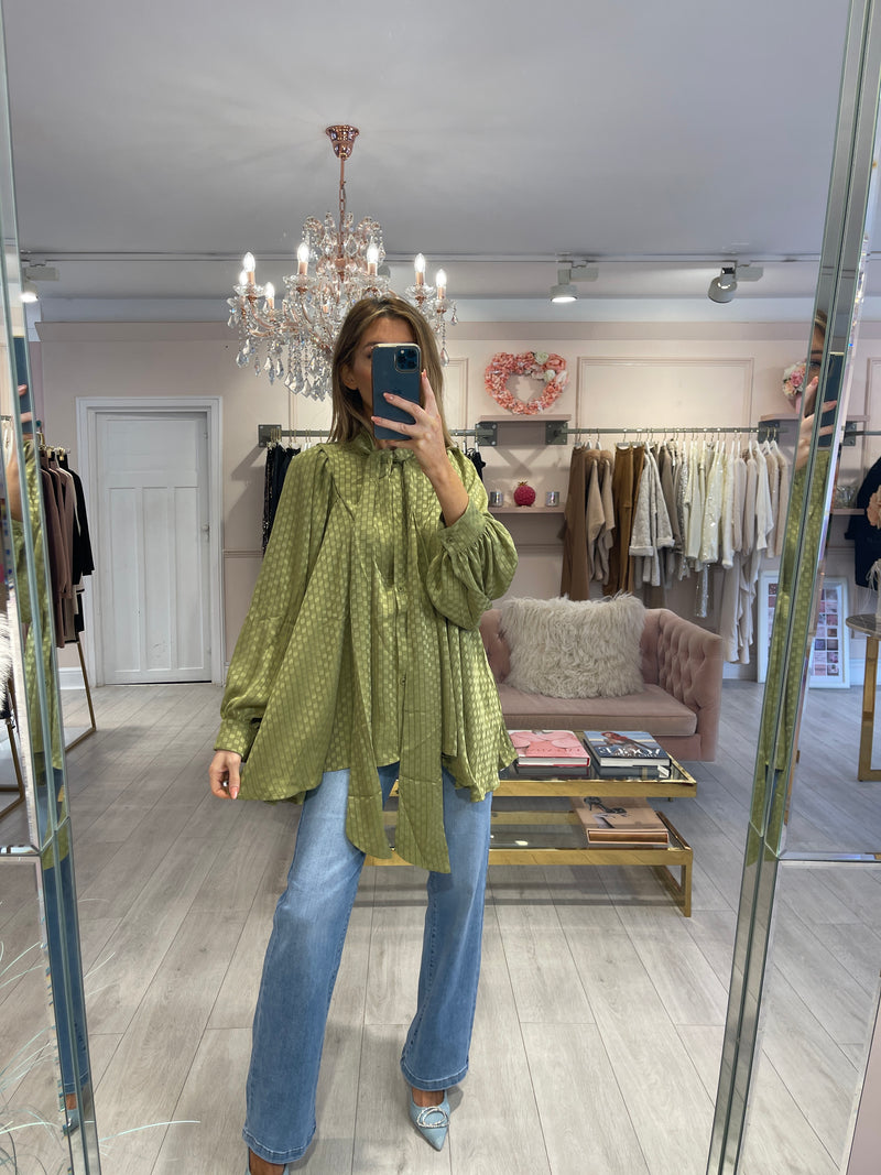 JESSICA PUSSY BOW OLIVE BLOUSE