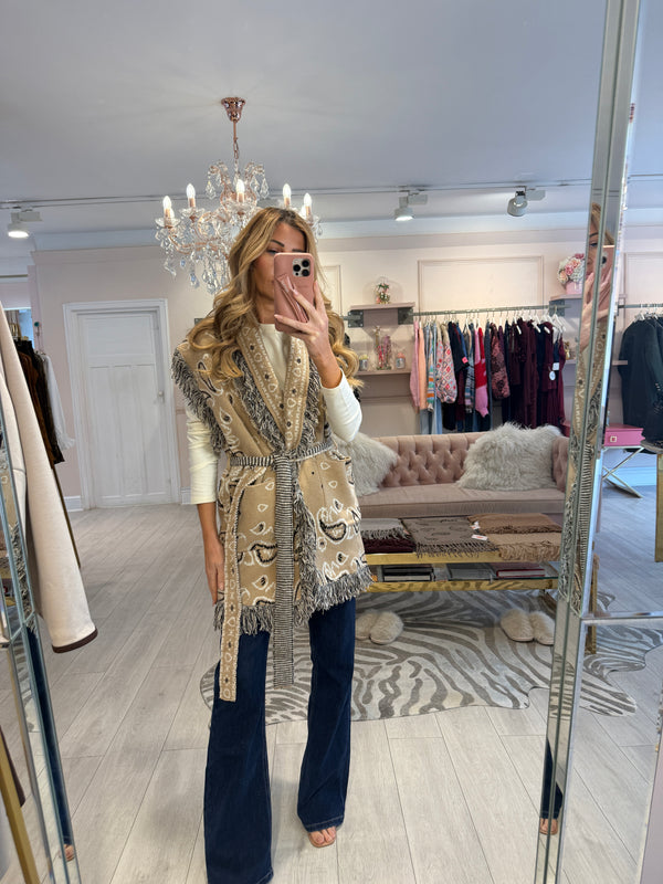 IVY PATTERNED FRINGE CARDIGAN CAMEL