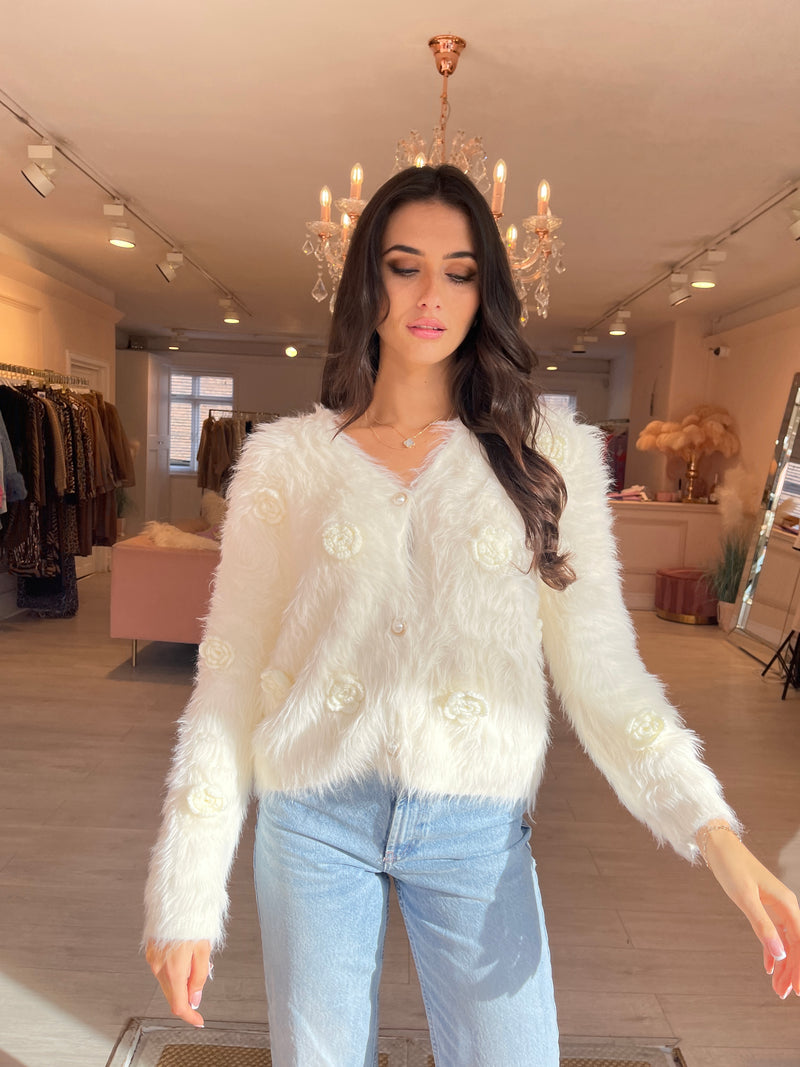 CHER FLUFFY KNIT CARDIGAN WITH KNIT FLOWERS