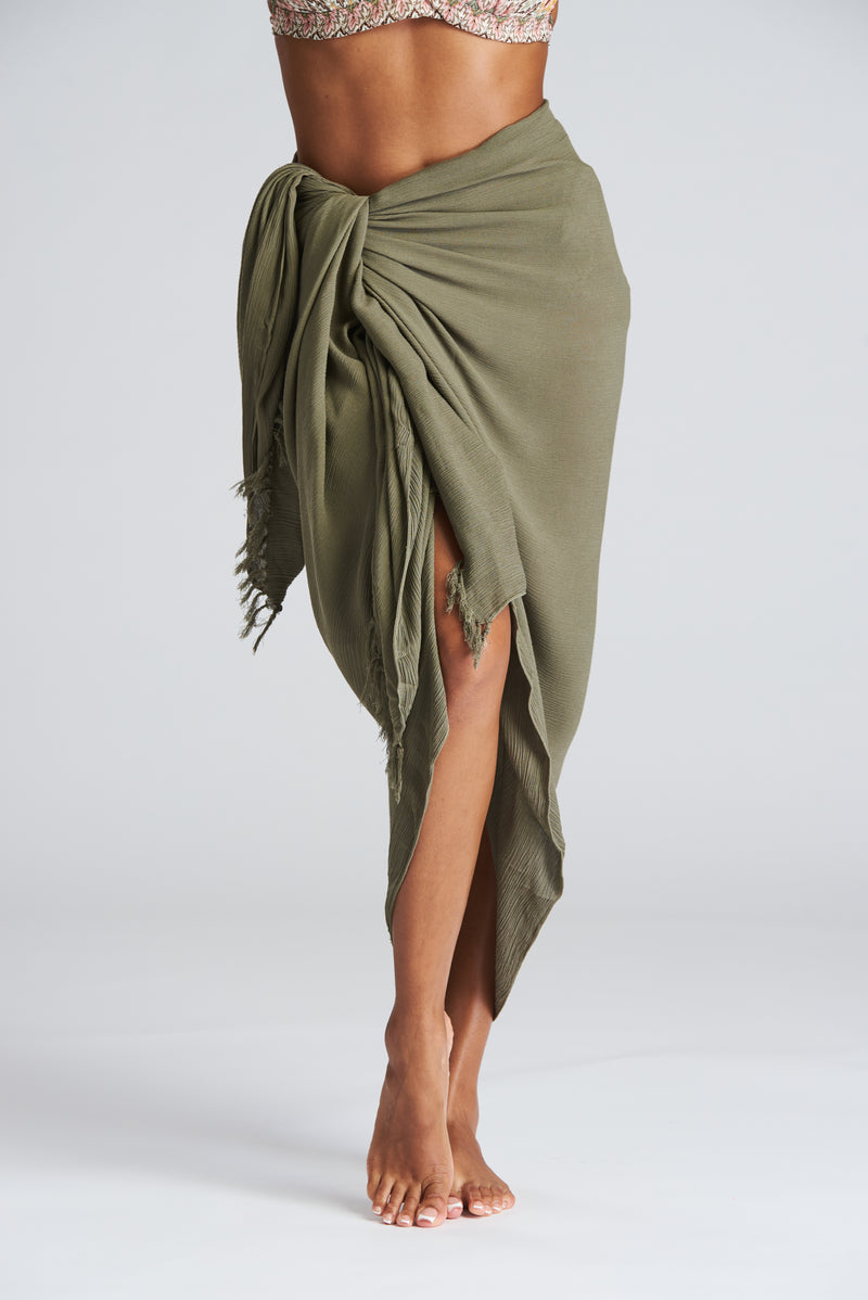 South Beach Khaki Crinkle Fringed Midi Sarong