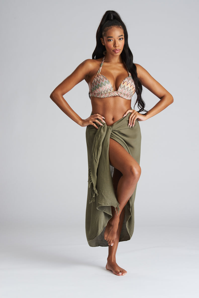 South Beach Khaki Crinkle Fringed Midi Sarong