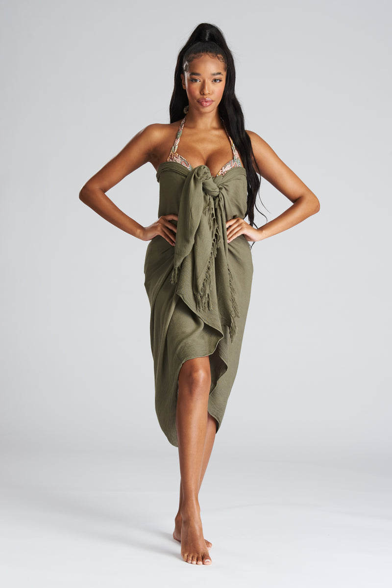 South Beach Khaki Crinkle Fringed Midi Sarong