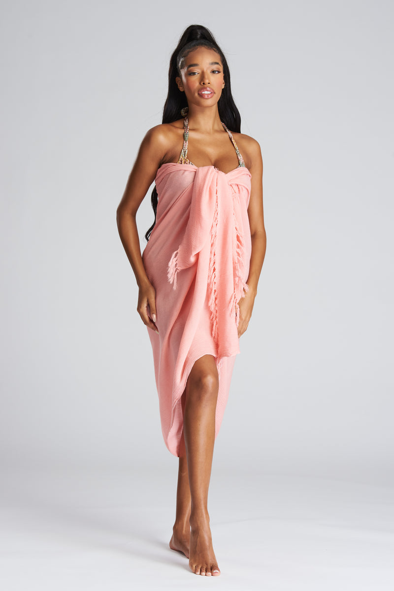 South Beach Peach Crinkle Fringed Midi Sarong