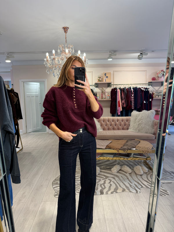 FRANKIE GOLD HEART BUTTON KNIT BURGUNDY