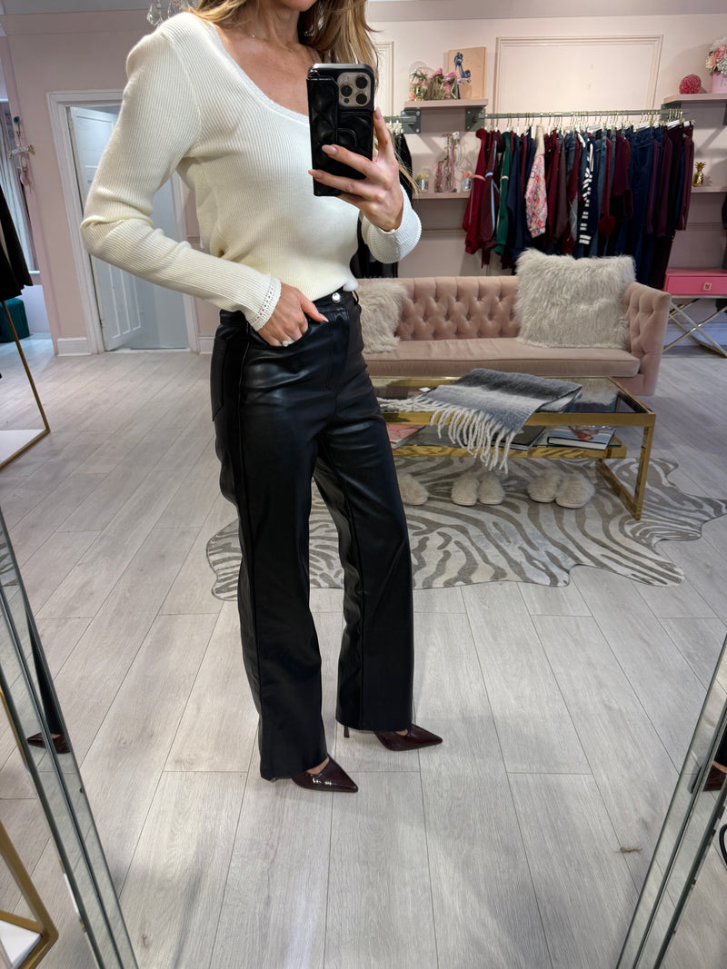 CINDY FAUX LEATHER BELTED TROUSERS BLACK
