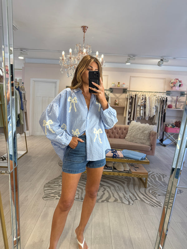 LEYANNE CHECK BOW BLOUSE BLUE