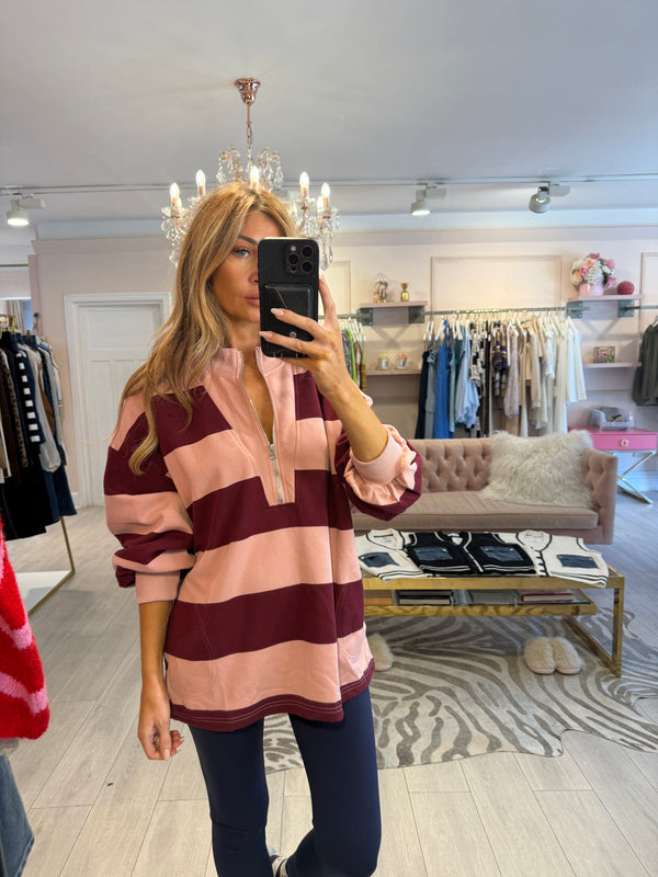 ORLA STRIPE HALF ZIP TOP BURGUNDY/PINK