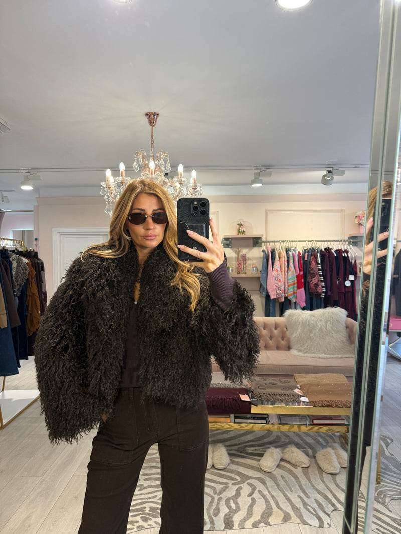 FIFI FAUX MONGOLIAN FUR JACKET BROWN
