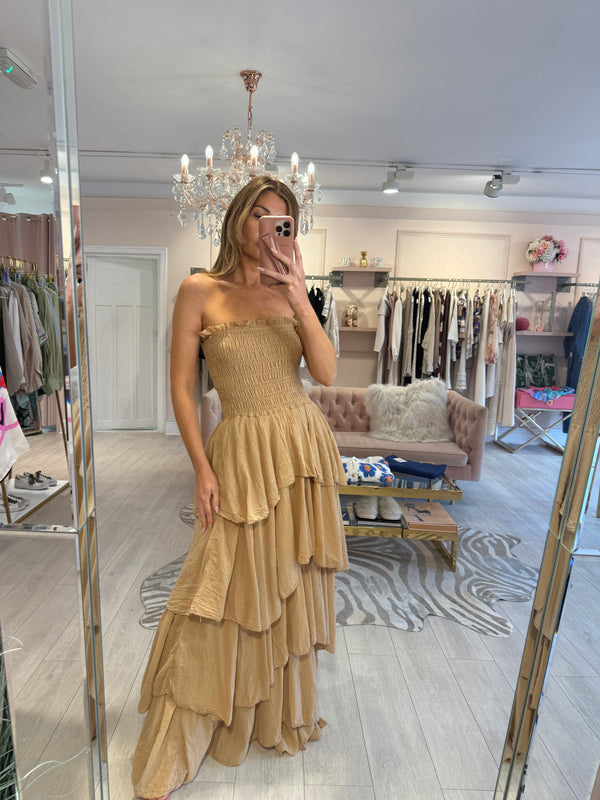 EZRA BANDEAU TIERED DRESS CAMEL