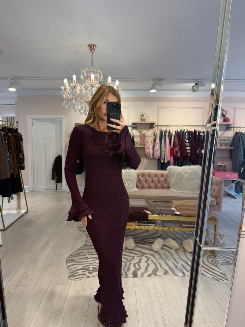 NICCI RIBBED RUFFLE SLEEVE MAXI DRESS PLUM