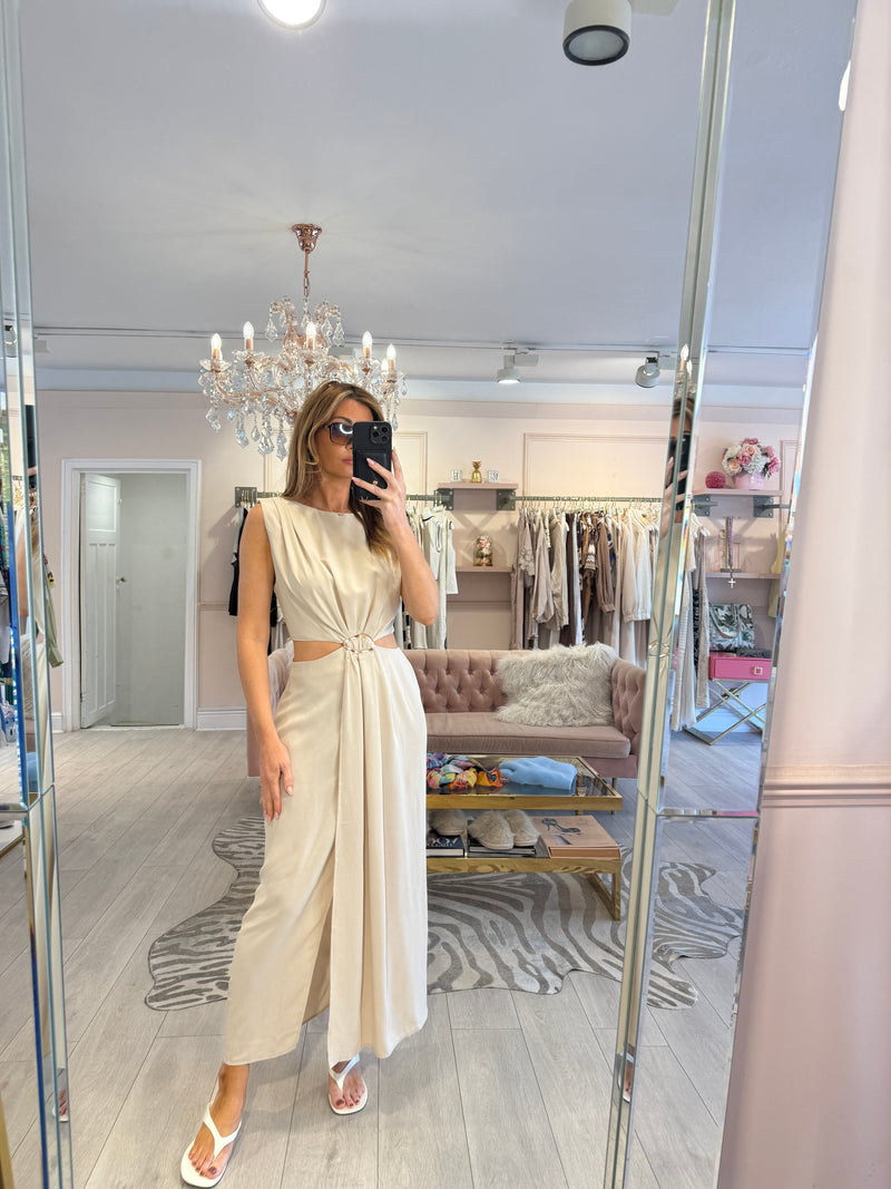 SLOANE CUT OUT BUCKLE MIDI DRESS BEIGE