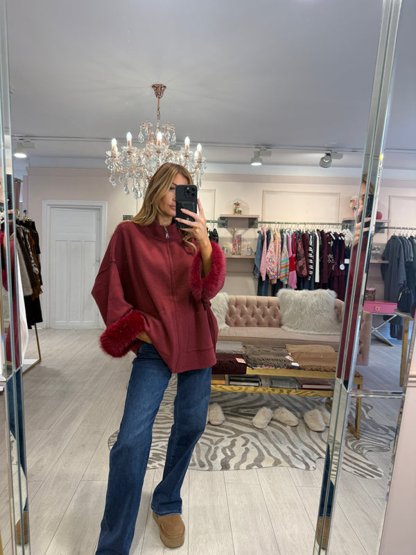 ESTRELLA ZIP THROUGH FUR TRIM CARDIGAN WINE