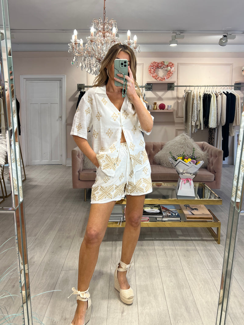 CORA EMBROIDERED SHIRT & SHORT SET WHITE WITH BEIGE