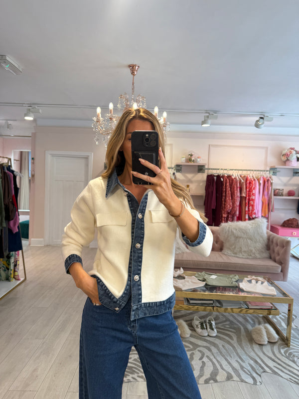 SELINA DENIM TRIM CARDIGAN WHITE