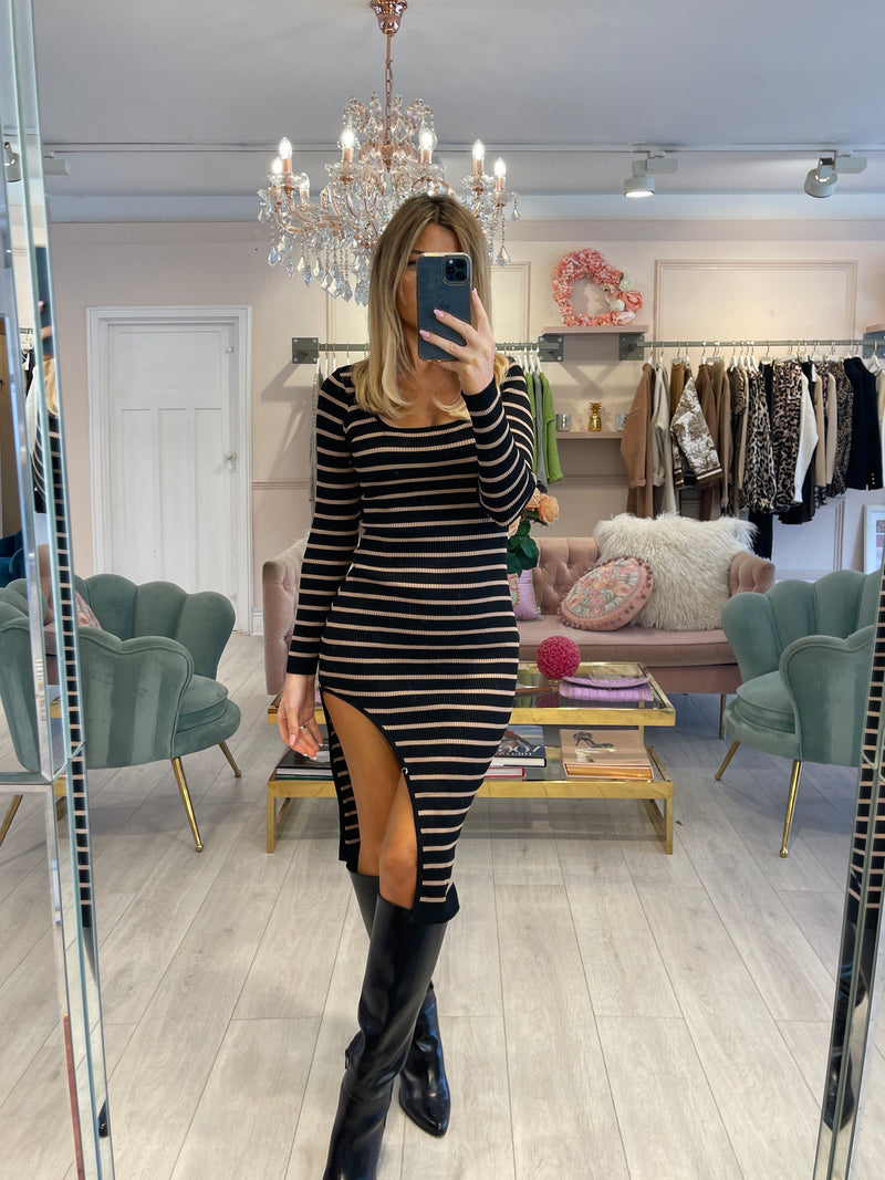 AMARA RIBBED KNIT STRIPED MIDI DRESS