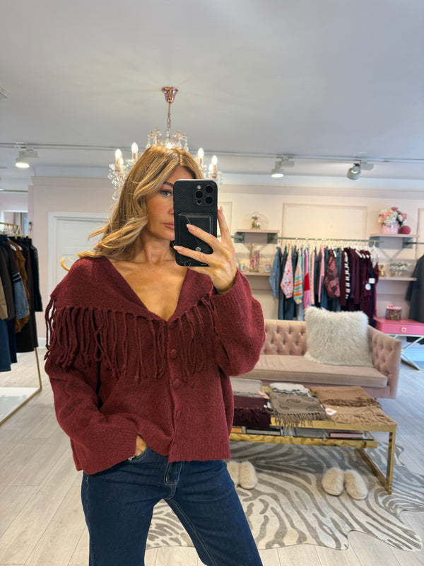 BODI FRINGE CARDIGAN BURGUNDY