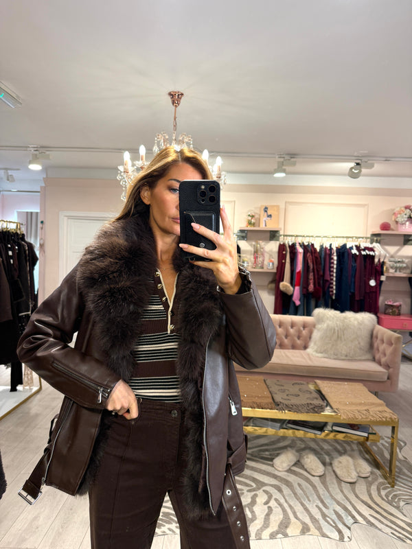 FAUX LEATHER BIKER WITH FUR TRIM BROWN