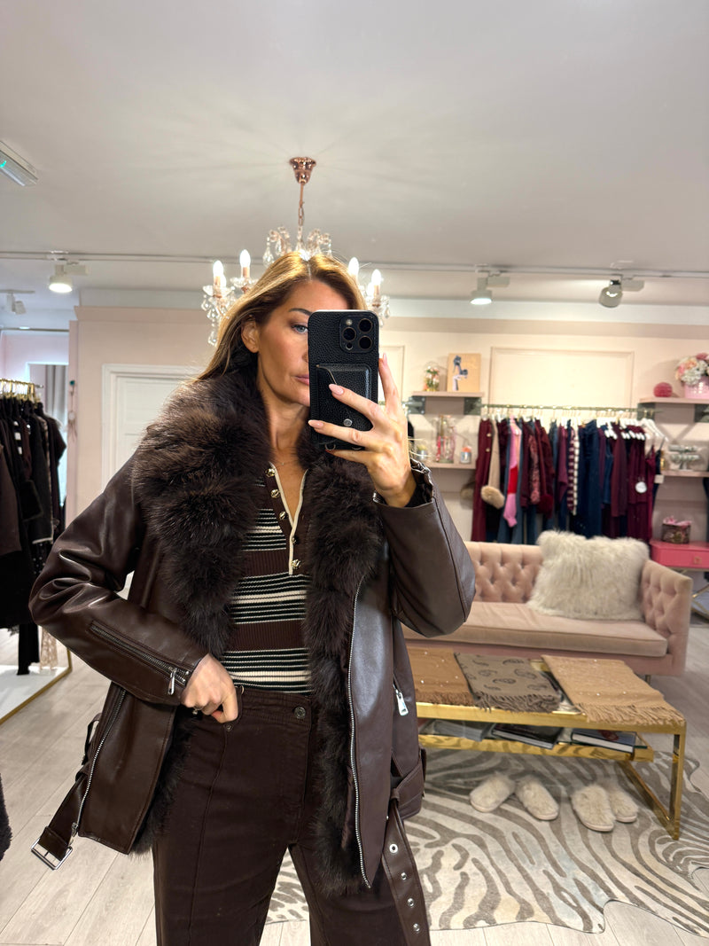FAUX LEATHER BIKER WITH FUR TRIM BROWN