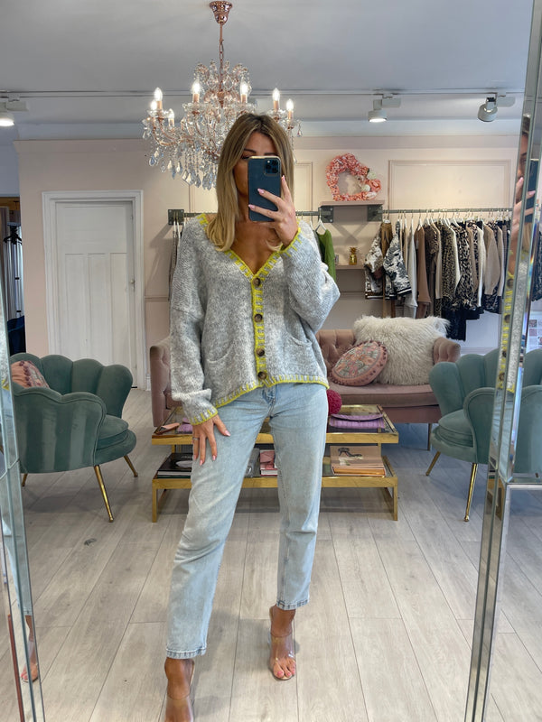 LEYA GREY CARDIGAN WITH LIME STITCH