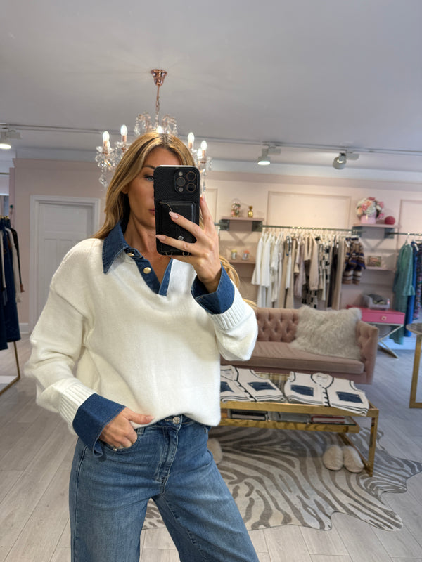 RIRI DENIM TRIM JUMPER CREAM