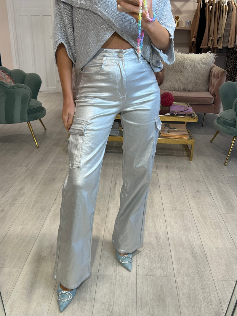 SILVER COATED STRAIGHT CARGO TROUSERS