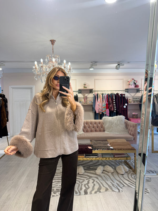 ESTRELLA ZIP THROUGH FUR TRIM CARDIGAN BEIGE