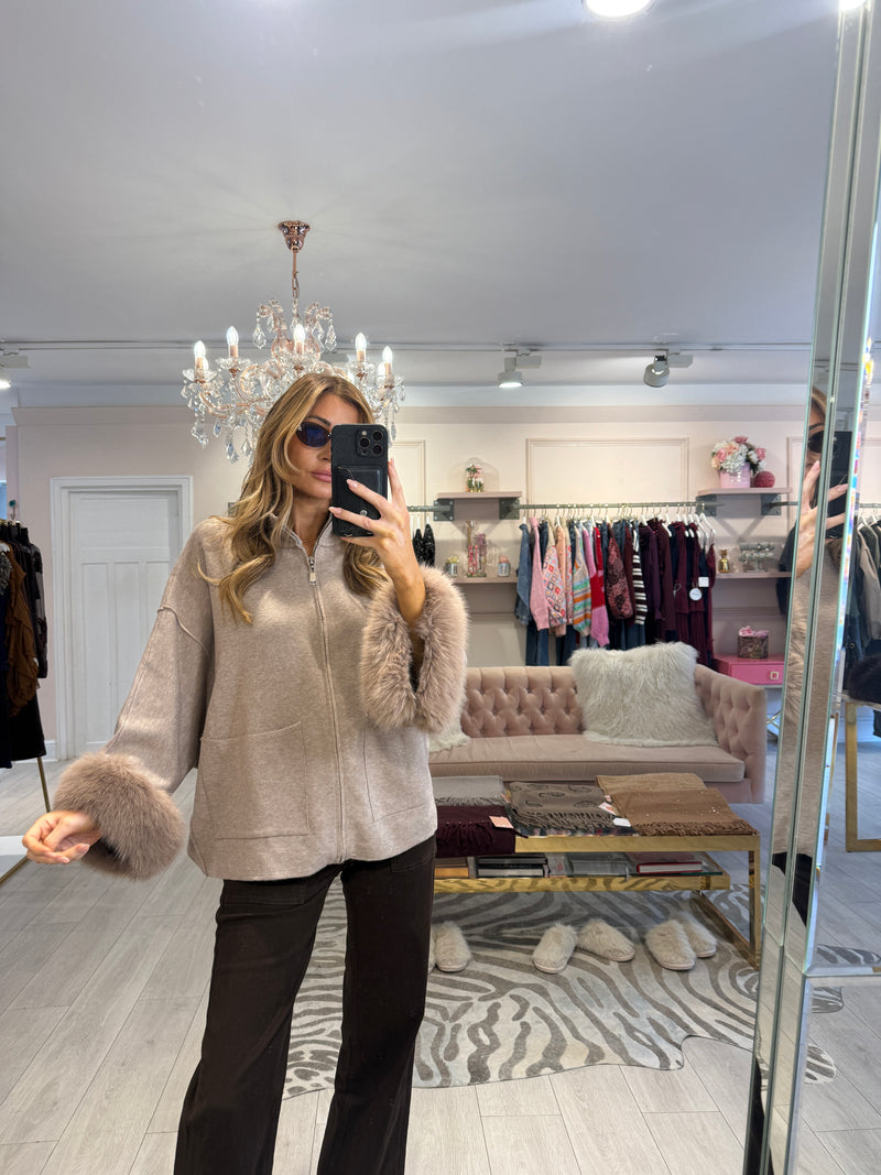 ESTRELLA ZIP THROUGH FUR TRIM CARDIGAN BEIGE