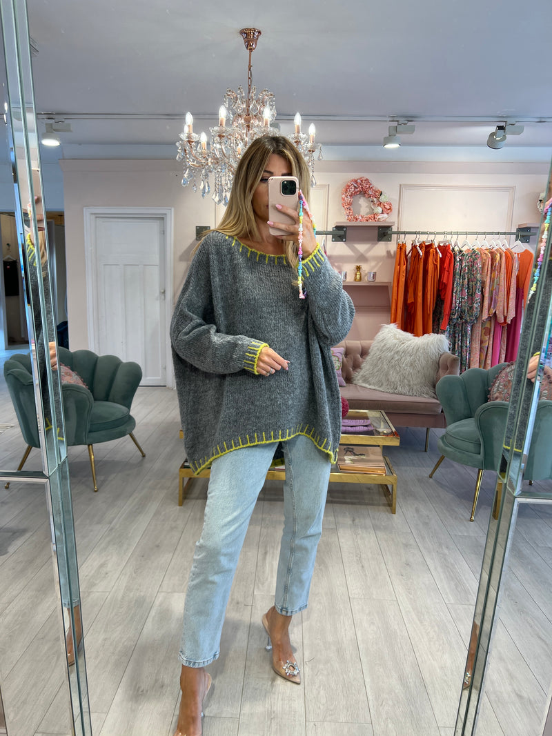 FRANKIE GREY LIME KNITTED STITCH JUMPER