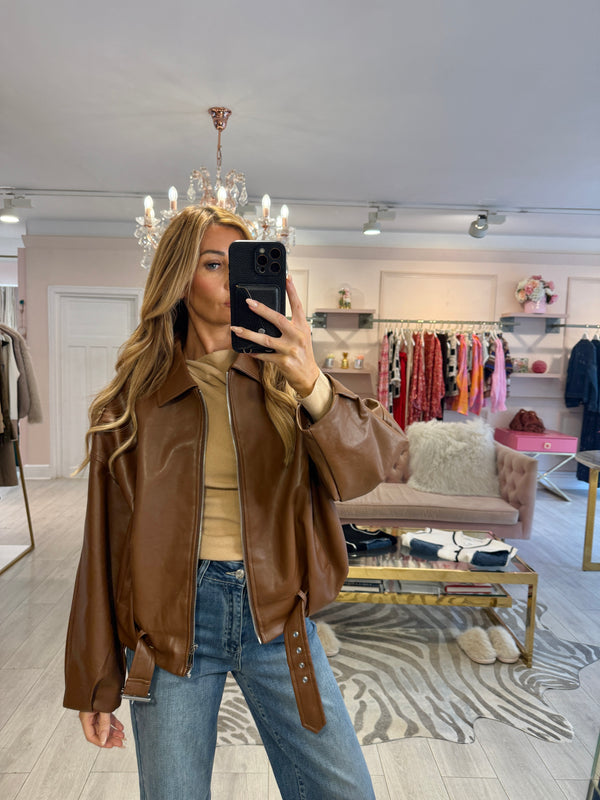 EMBER FAUX LEATHER BOMBER JACKET TAN