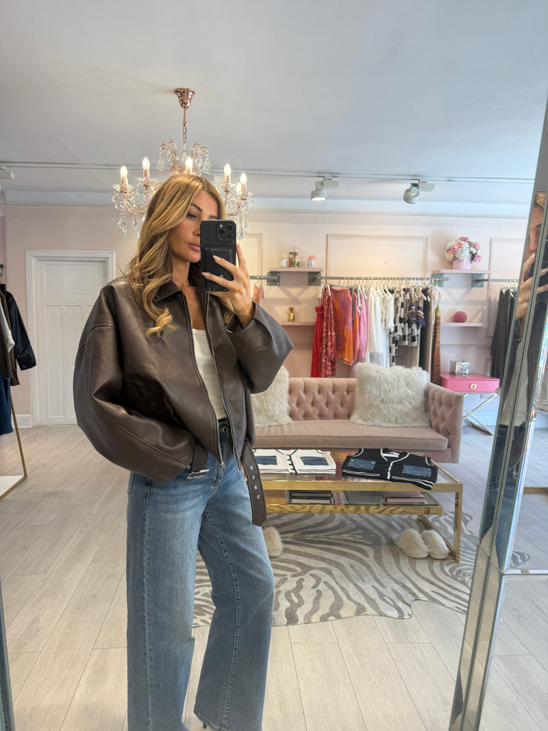 EMBER FAUX LEATHER BOMBER JACKET BROWN
