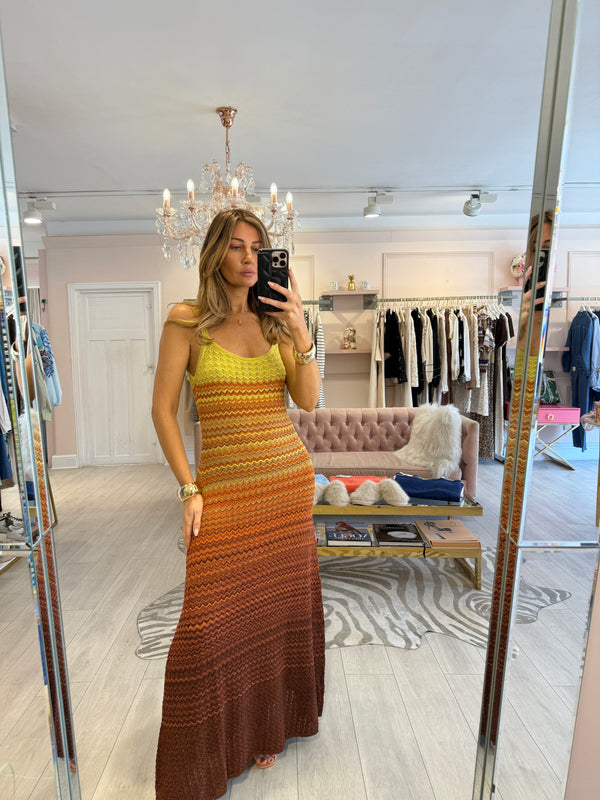 MONAE OMBRE YELLOW BROWN CROCHET KNIT DRESS